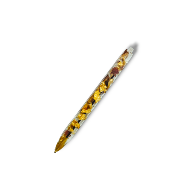 Χειροποίητο στυλό από υγρό γυαλί  με φύλλα χρυσού και πέταλα λουλουδιών. Το χρώμα του μελανιού είναι μπλε, μεγάλης διάρκειας.