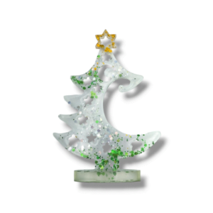 Χριστουγεννιάτικο δέντρο σε βάση. Χειροποίητο διακοσμητικό χριστουγεννιάτικο δέντρο από υγρό γυαλί με πράσινο και χρυσό κομφετί χρυσόσκονη.