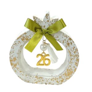 Χειροποίητο Ρόδι Γούρι 2026 σε Λευκό & Χρυσό με Πράσινο Φιόγκο