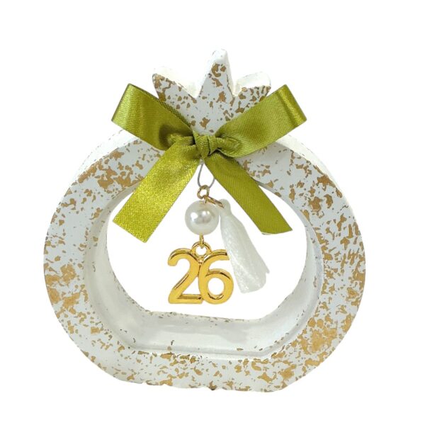 Χειροποίητο Ρόδι Γούρι 2026 σε Λευκό & Χρυσό με Πράσινο Φιόγκο