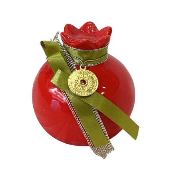 Κόκκινο Κεραμικό Ρόδι Γούρι με Πράσινο Φιόγκο