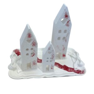 Χειροποίητο Σετ Πορσελάνης – Λευκά Σπιτάκια με Κόκκινη Λάμψ