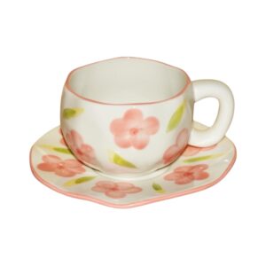 Κεραμικό Φλιτζάνι με Πιατάκι & Ροζ Λουλούδια (300 ml)