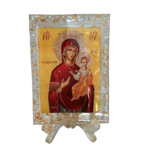 Χειροποίητη Εικόνα Παναγίας Οδηγήτριας από Υγρό Γυαλί με Φύλλα Χρυσού & Ασημιού 18x13 εκ.